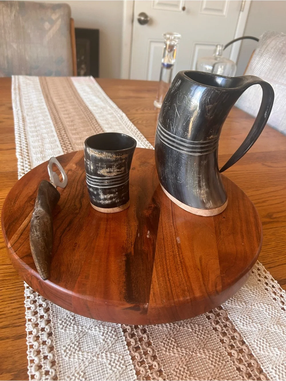 Elegant viking-style horn set with wooden base